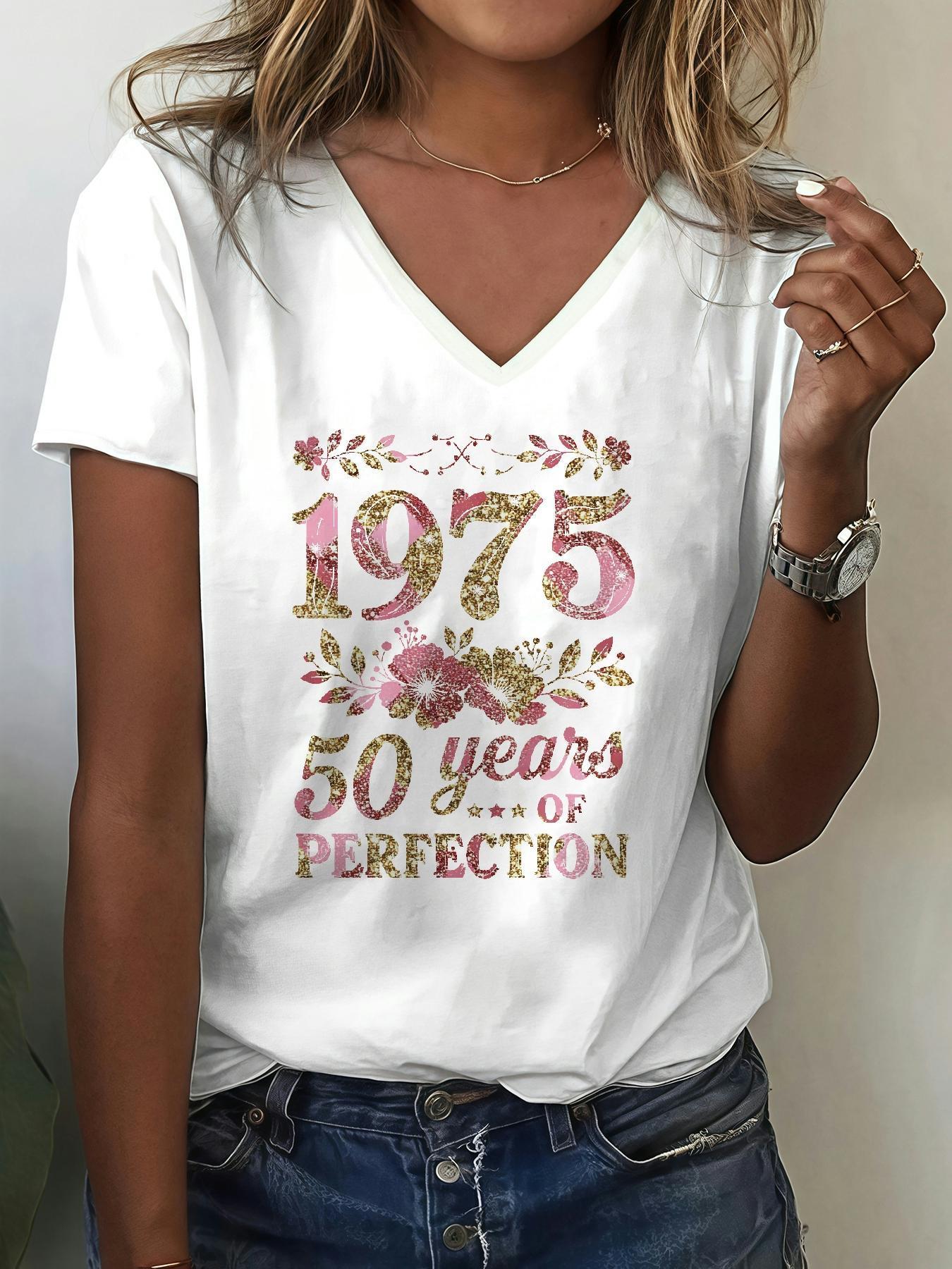 2025 new womens casual v neck short sleeve t shirt floral print with 1975 50 years of perfection golden glitter text micro   washable top for spring summer autumn birthday gift idea seasonal fashion soft fabric printed tee adults