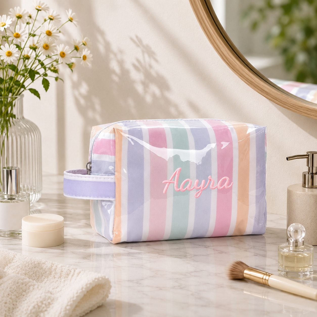 TEMU Personalized Striped Makeup Bag For Women, Custom Embroidered Name Cosmetic Pouch, Toiletry Organizer, Portable Wash Bag, Preppy Stripe Storage