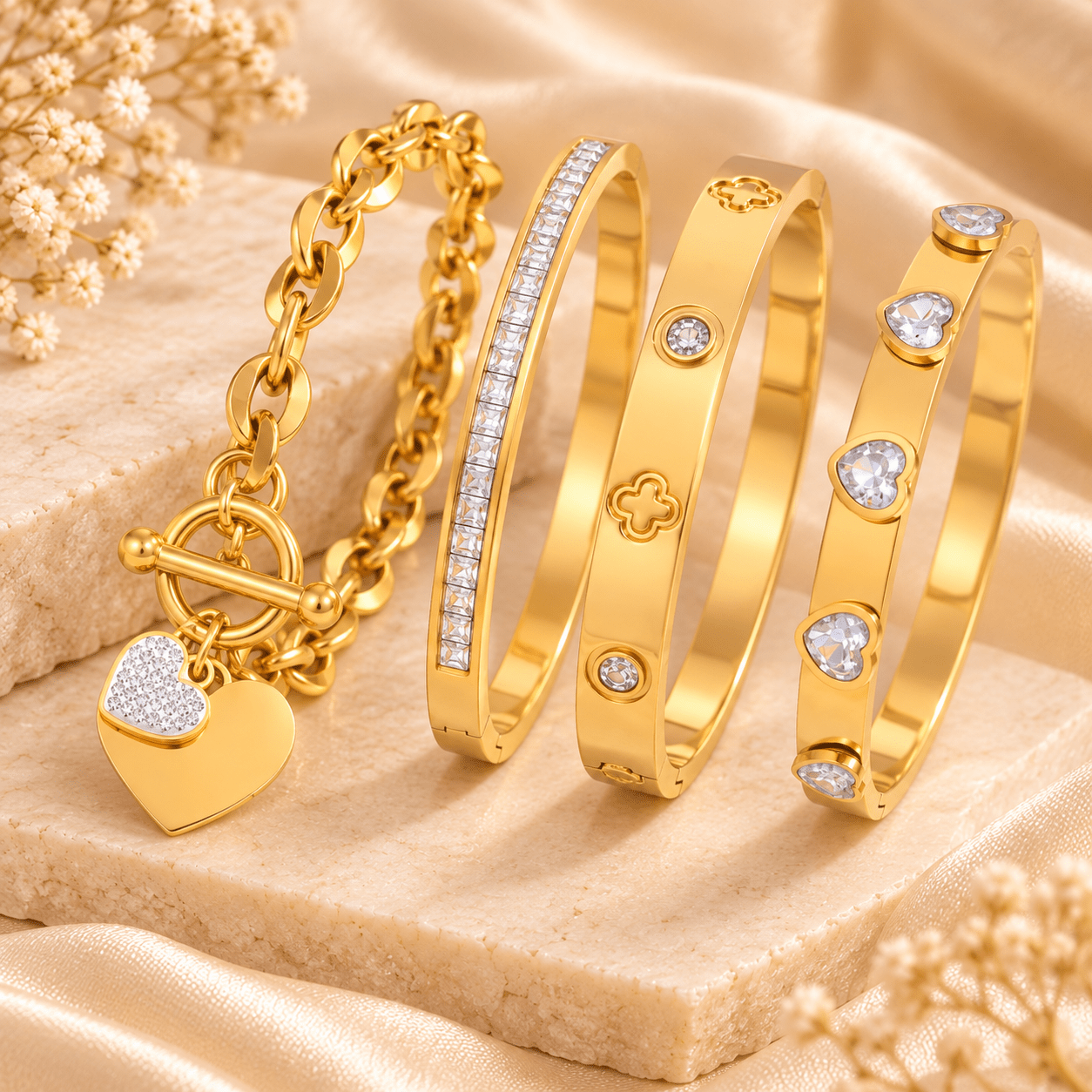 4pcs Stackable Jewelry Set with Double Heart Pendants