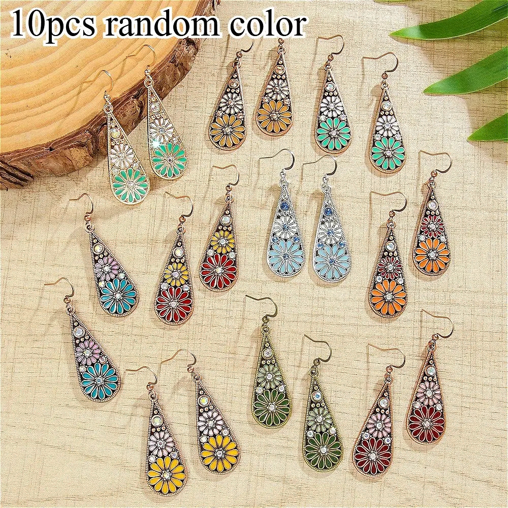 TEMU 10 Random Color Women's Pendant Earrings, Retro Bohemian Droplet Shaped Pendant Earring Set, Colorful Daisy , Exquisite Floral Pattern, Layered