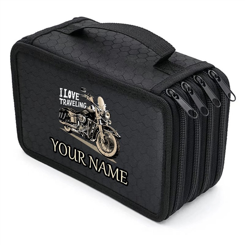 TEMU 1pc Motorcycle-themed Four-layer Large Capacity Pen Case Suitable For School & Office, Portable Zippered Pencil Holder With Motorbike Print,