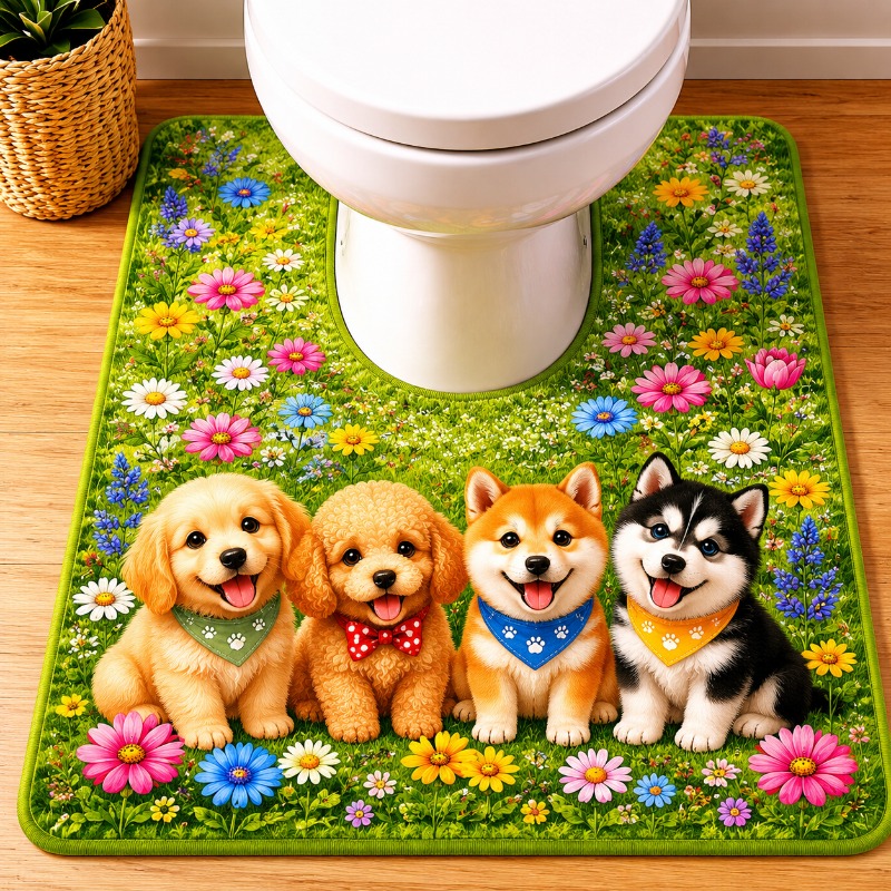 TEMU かわいい猫と犬 家庭用 珪藻土速乾滑り止めU字型トイレマット 珪藻土層付き 防臭バスマット床 洗濯機洗い可 シャワー/浴槽/洗面台用 浴室装飾 (サイズ制限なし)
