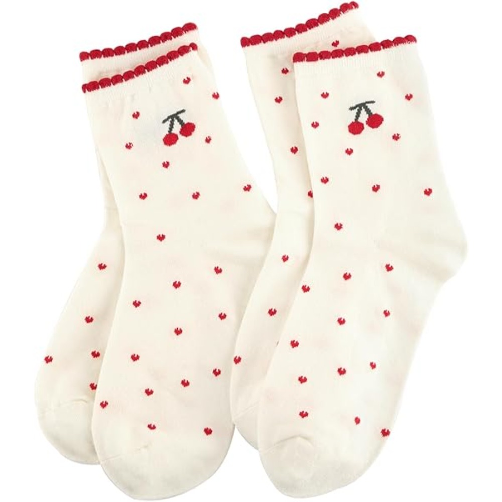 E-shop 2 Paar Damen Niedliche Rundhals-Socken, Lässige Sportstil Schleifen-Kirschfarbene Knöchellange Socken, Originelle Socken, Ideal für Frauen
