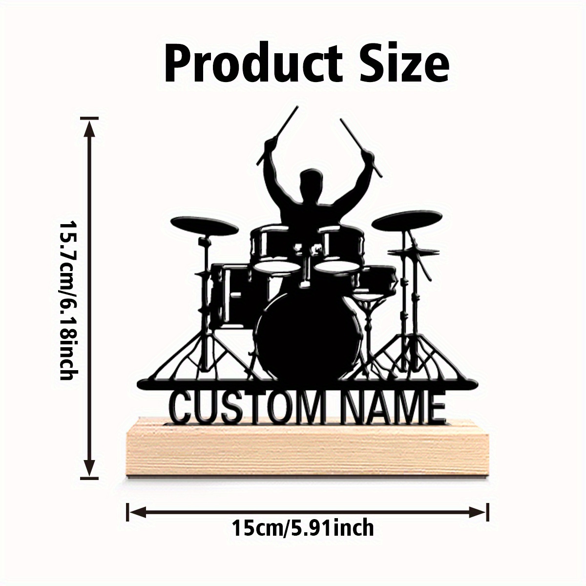 TEMU 1pc Of Fashionable And Personalized Custom Drum Set Metal Statue With Wooden Base Desktop Decoration, Gift, Suitable For Musicians, Rock Style