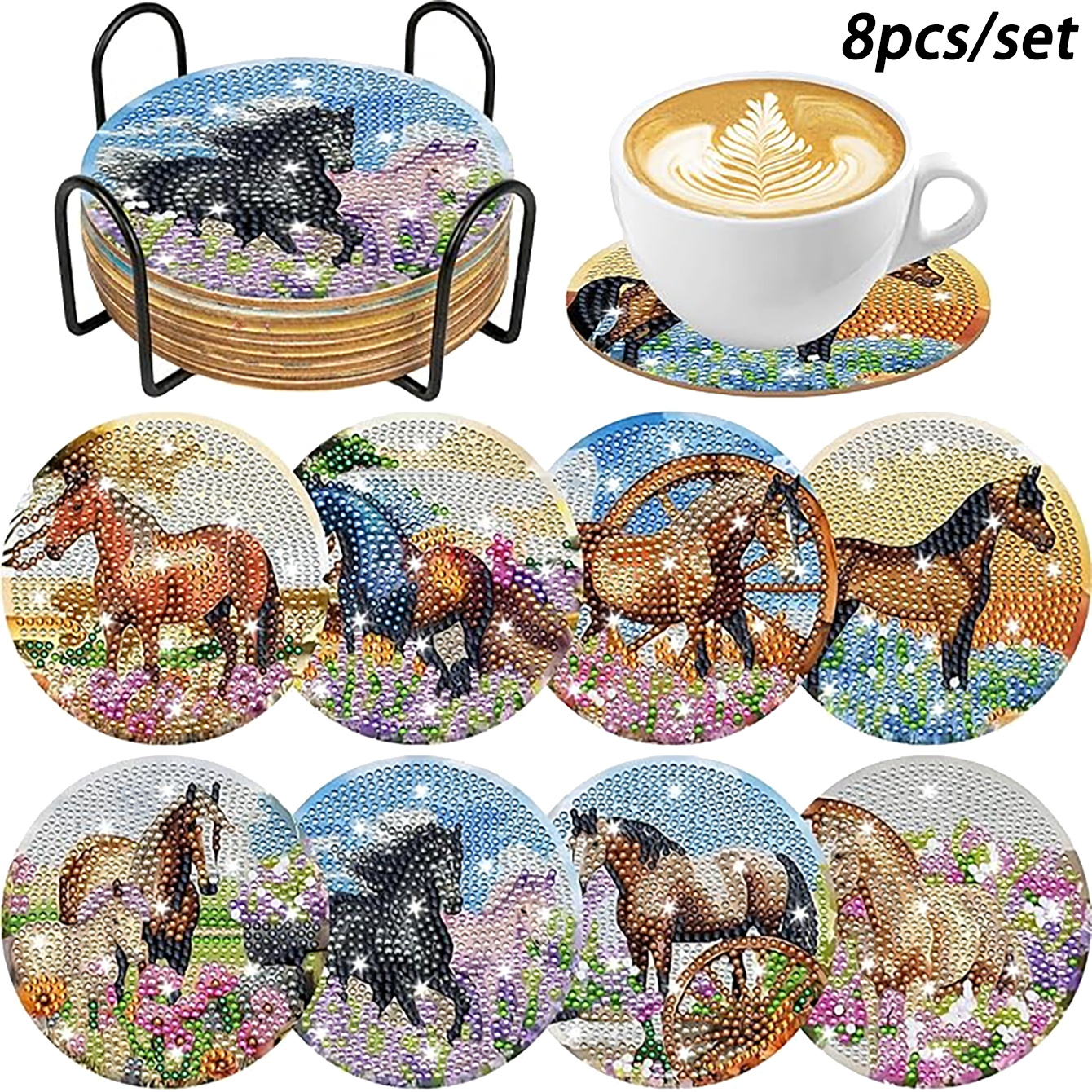 

8pcs Diy Coaster Set With Floral & - Round, Beverage Insulation Pads + Black Metal Stand Kit - Crafty Mosaic Wooden Gift For Adults & Beginners, Diy Craft Kit|horse Motif Design|intricate