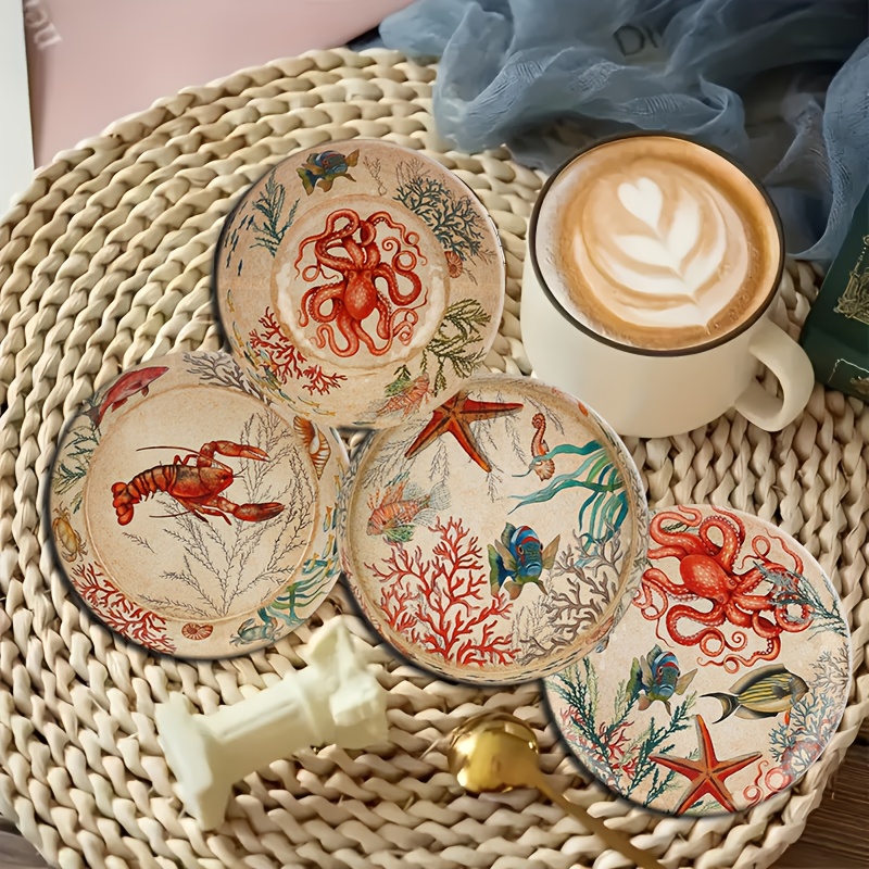 TEMU Juego de 4-6 posavasos de madera con diseño marina, , pez león, y langosta, resistentes al y antideslizantes, ideales para café, té y bebidas,