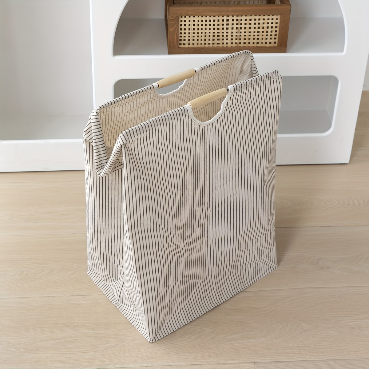 TEMU Large Foldable Laundry Basket With Handle - Large Collapsible Basket For Clothes, Towels, And - Striped Design, Suitable For Bathroom, Bedroom,