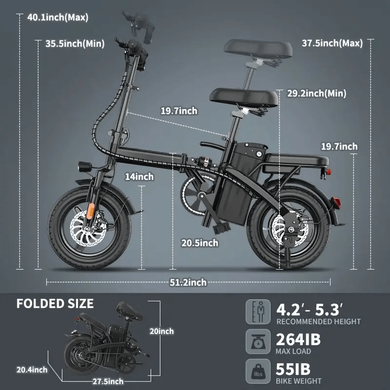 500w - long-range commuter electric scooter with 48v battery, 20-mile range, 19mph  , 14 fat tires, 200lbs   capacity, shock-absorbing seat, and foldable design for adults Product details 1
