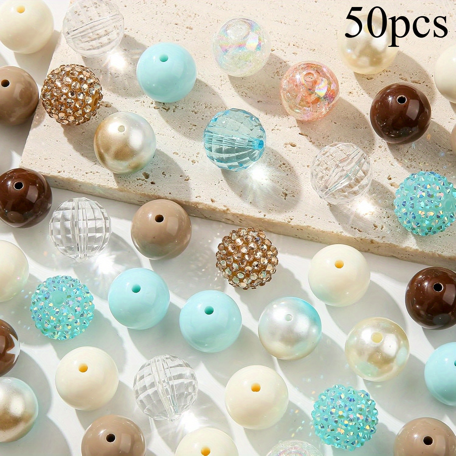 TEMU 50pcs 20mm Blue And Brown Bubble Gum Beads With Ocean Retro Theme Gradient Color Multi- Transparent Acrylic Beads Suitable For Threading Pen