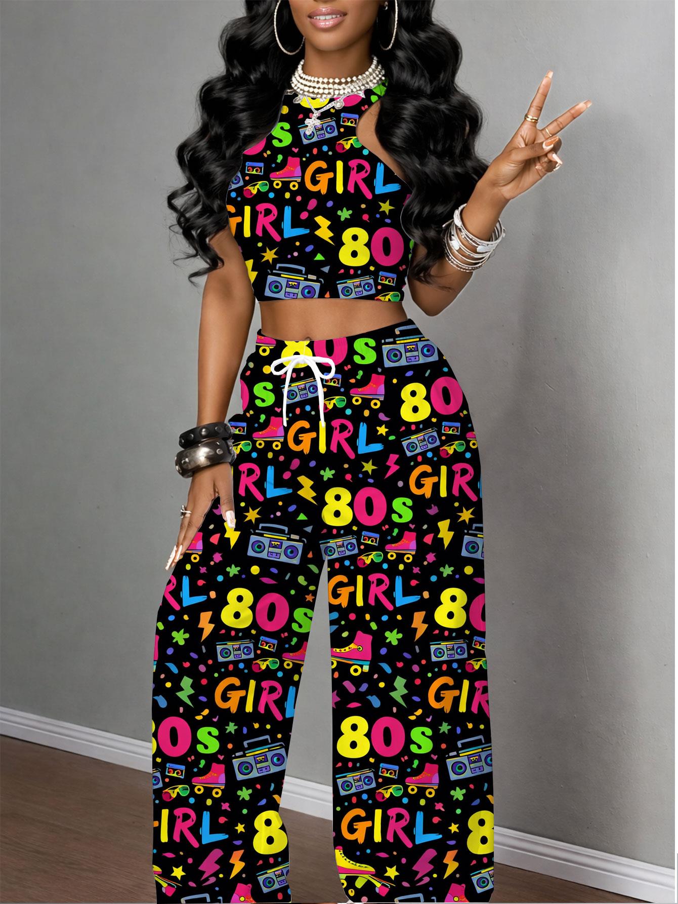 womens 2pcs tank top and pants set streetwear trendy 80  design comfortable fabric suitable for vacation wear high waist with pockets loose   for travel retro vintage