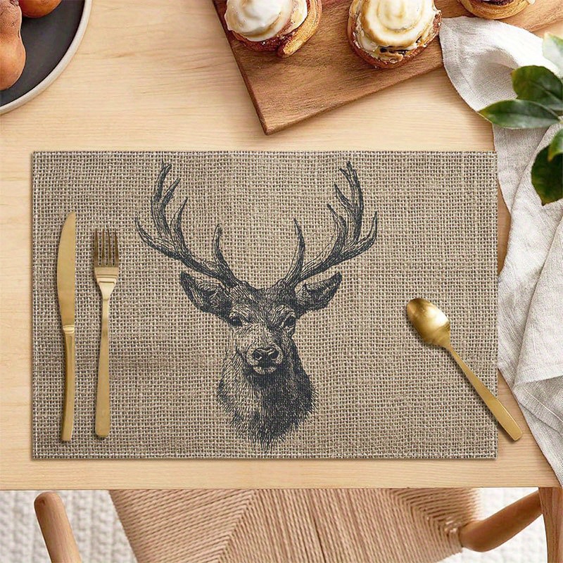 TEMU 4pcs Vintage Hand-drawn Stag Head 30.48*45.72 Cm Washable Ideal For Dining Room Celebrations Perfect , Dining Table Work Decoration Table Mats