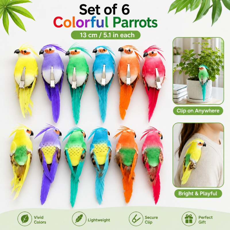 TEMU 6pcs Set Of 13cm Colorful Parrot Decorative Birds With Clips, Feathered Small Birds For Christmas Tree Wreaths, Party Home Decor, And Holiday