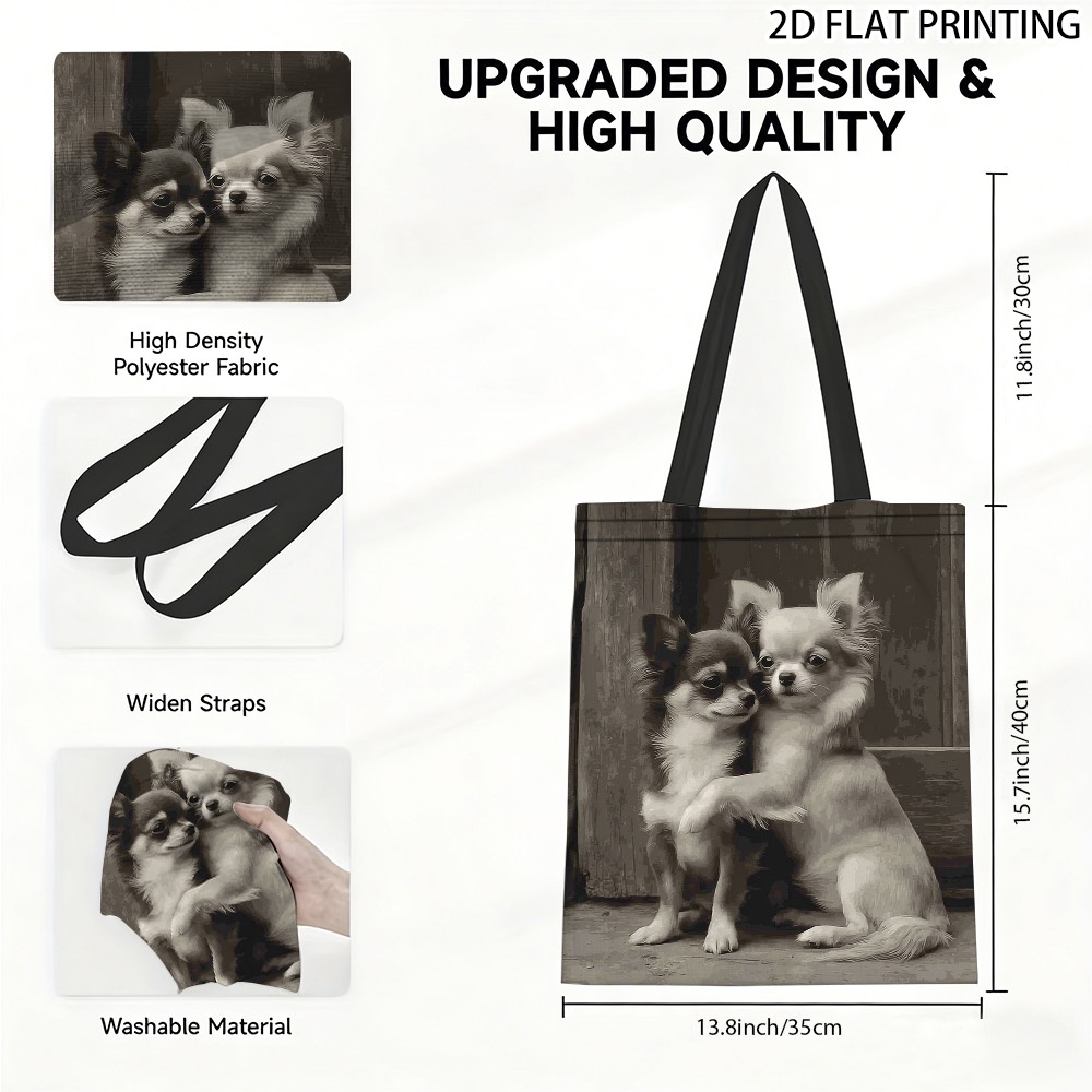 TEMU (2d Flat) 1pc Chihuahua Dogs Embracing Tote Bag, Canvas Tote, Perfect For Grocery Shopping And Trips, Ideal For Sports Gear Carry Weekend Use