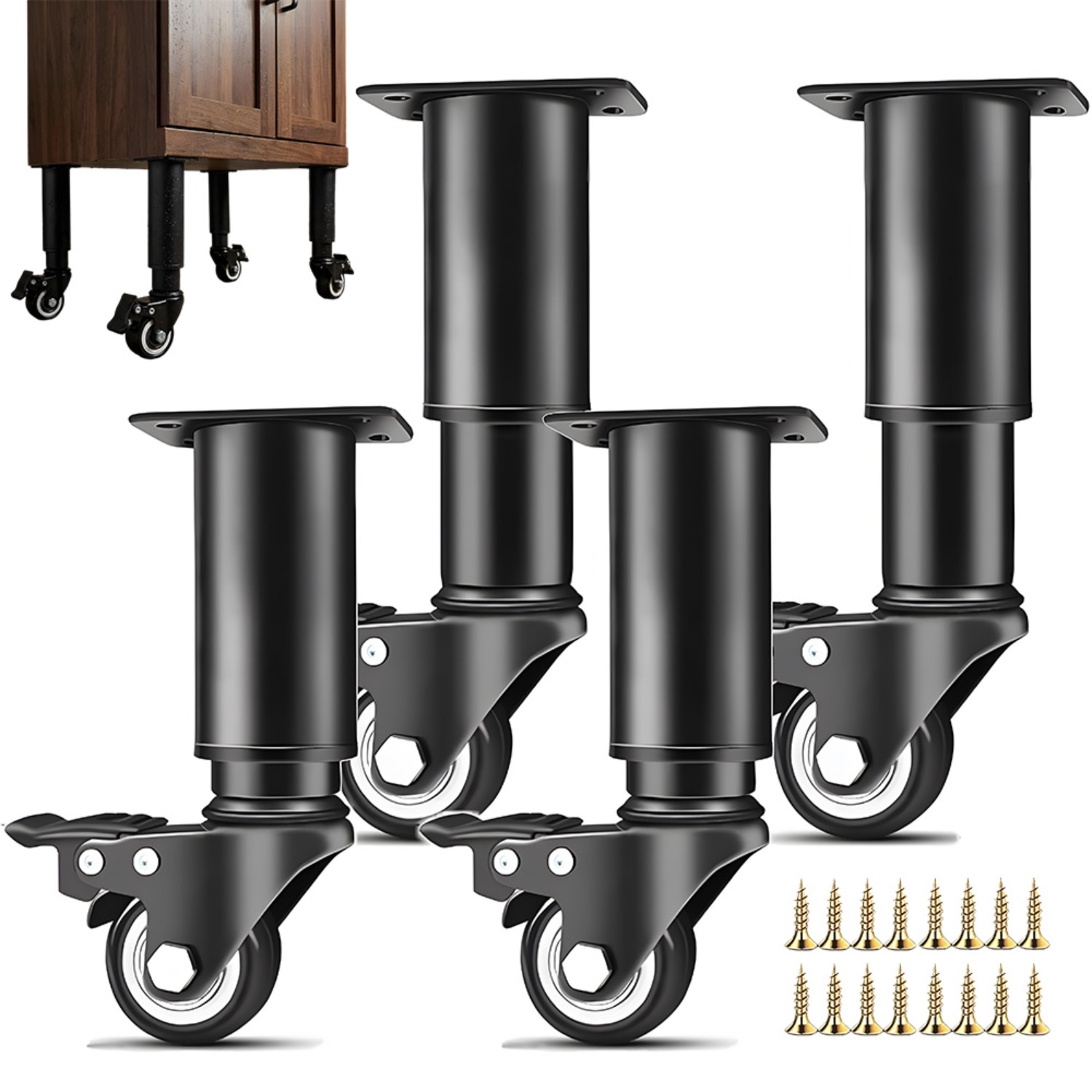 4 Pack Office Furniture Castors- Height Adjustable Table Feet, With Brake-locking Design, 14-16cm Adjustable Leveling Caster Wheels For Desk, Cabinet, Workstation