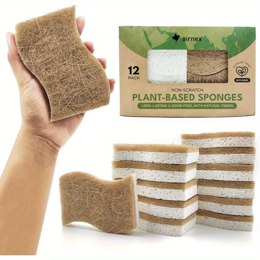 Natural Kitchen Sponge - Cellulose and Coconut Scrubber Sponge - Pack of 12 Sponges for Dishes