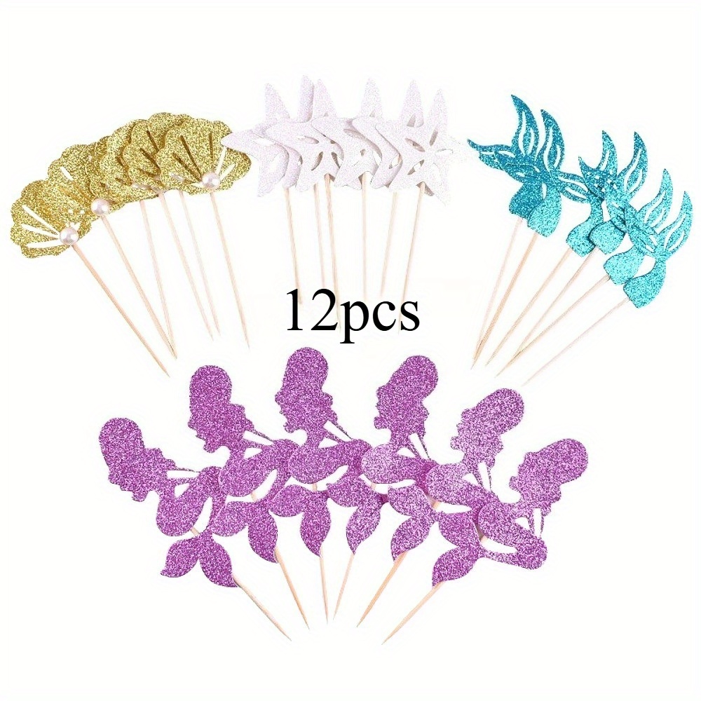 12pcs Glitter Mermaid Cupcake Dessert Bamboo Skewers Mermaid Cake Dessert Sticks Under The Sea Beach Mermaids Tail Cake Decoration Wedding Single Girl Birthday Party/