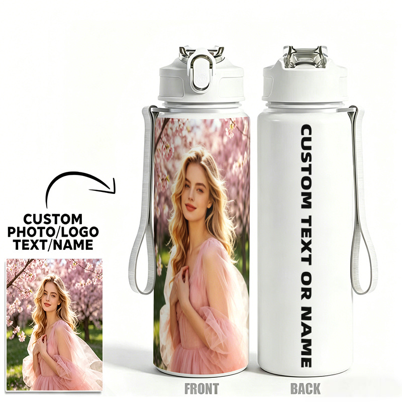 TEMU Customized 750ml/25oz Personalized Water Cup With Name Pattern, Leak-proof And Reusable Plastic Cup With Vertical Black Text On A Plain White