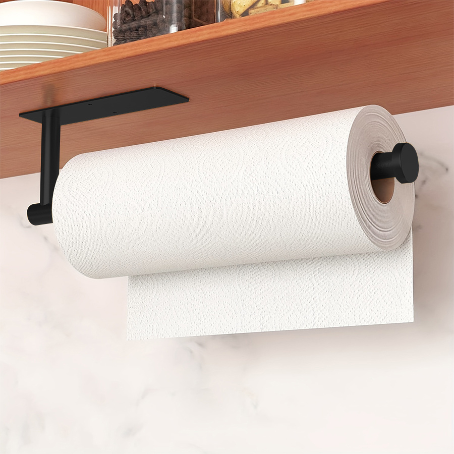 1pc Long Stainless Steel Tissue Holder, Toilet Paper Holder, Kitchen Paper Holder, Cling Film Hanger, Self-adhesive Or Drillable, Wall Mounted, Suitable For Bathrooms And Kitchens, In Silver And Black