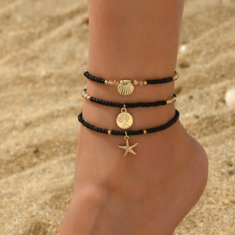 3pcs, Women's Anklets, Summer Tree Starfish Shell Pendant Bead Anklet Fresh Starfish Shell Bead Multi-strand Elastic Rope Anklet Stackable Anklet Bracelet, Rice Bead Glass Material