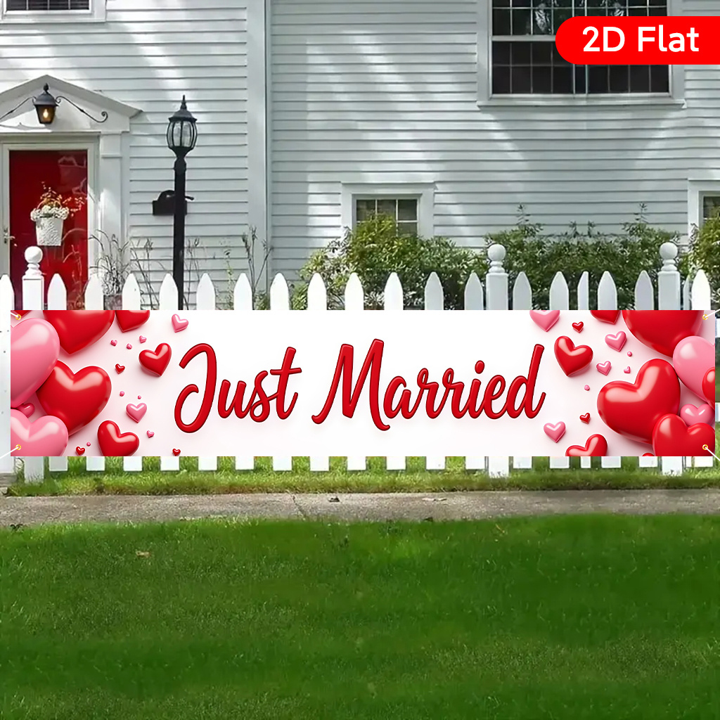 E-shop 2D Flach, 1 Stück "Just Married" Banner - Große Hochzeitsdekoration mit roten Herzen, elegante Partydeko für Innen- Außenbereich, Jubiläum,