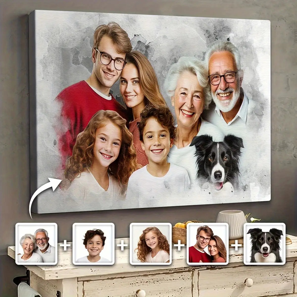 TEMU 2d Flat, Personalized Family Portrait Custom Canvas Painting - Custom Commemorative Photo Art With Names & Dates, Wooden Framed Suitable For