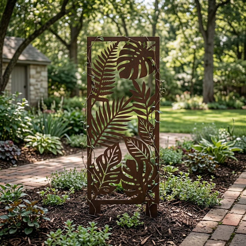 [  2d] 1 pieza estaca de jardín de metal oxidado con diseño de   de monstera, que   como     para enredaderas, pantalla de jardín o   decorativo para parterres, macetas, patios,   y  .