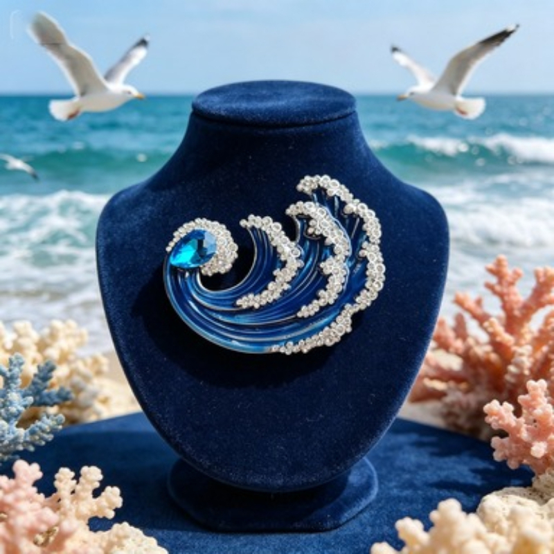 TEMU Broche en émail Bleues, Style Océan Frais avec Épingles Cloutées de Strass, Accessoires Élégants pour Costume