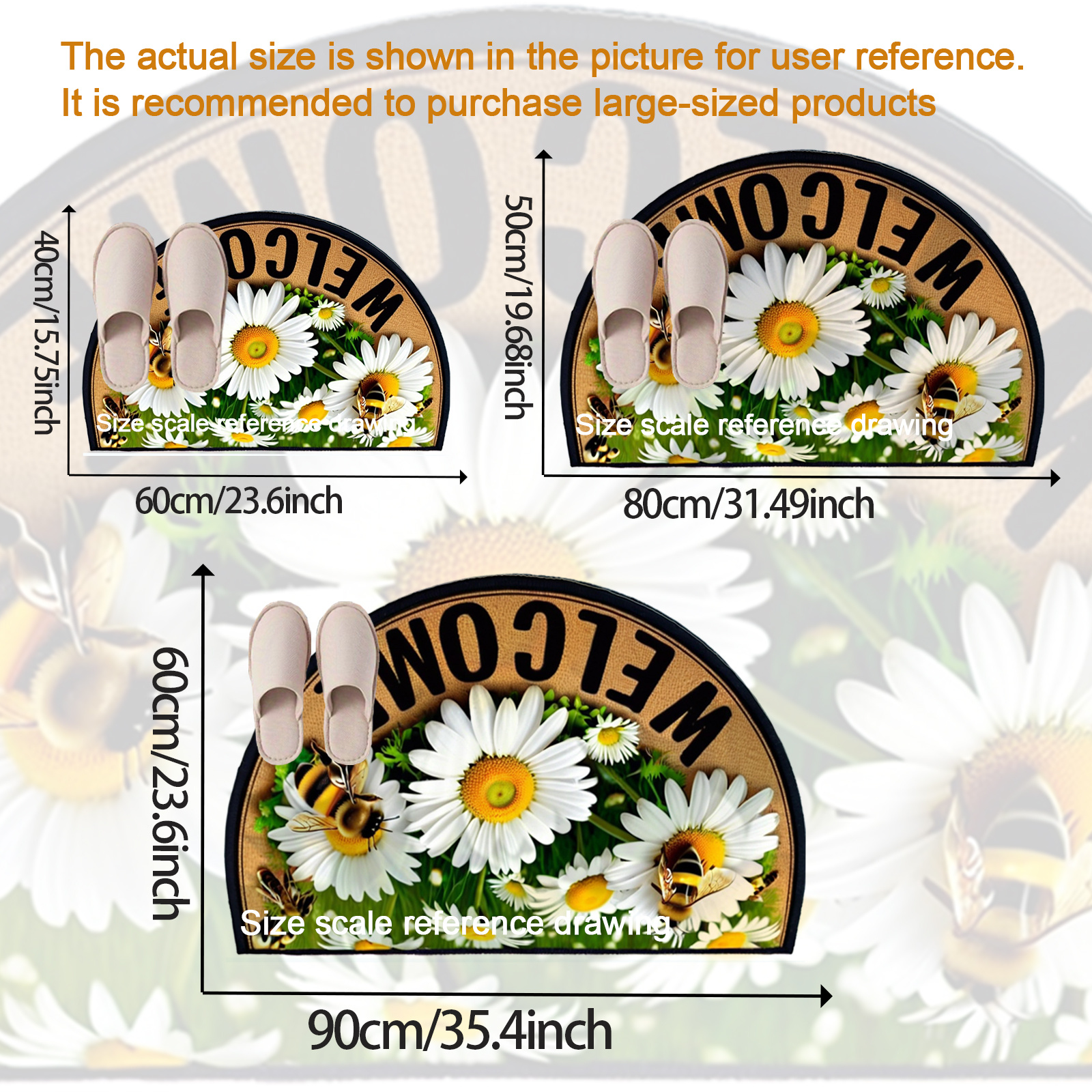 Welcome Bees & Floral Design Non-Slip Semi-Circular Door Mat - Durable 100% Polyester Entrance Mat for Farmhouse, Patio, Laundry, Kitchen, Yard Decor - Stylish Home Accent, Multiple Sizes Available, Outdoor Mat Front Door, Patio Doormat, Natureinspired Doormat, Highquality Doormat, Decorative Doormat, Housewarming Gift