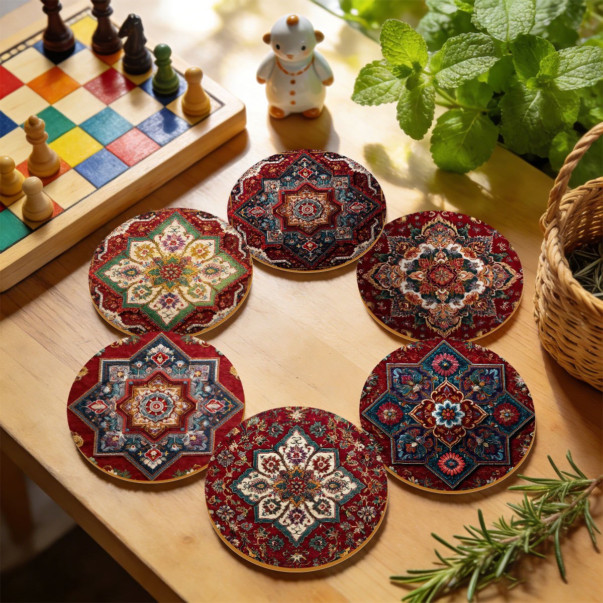 TEMU Lot de 6 sous-verres en bois pour table, table basse, protège-tables persans - Sous-verres antidérapants absorbants et résistants à la chaleur,