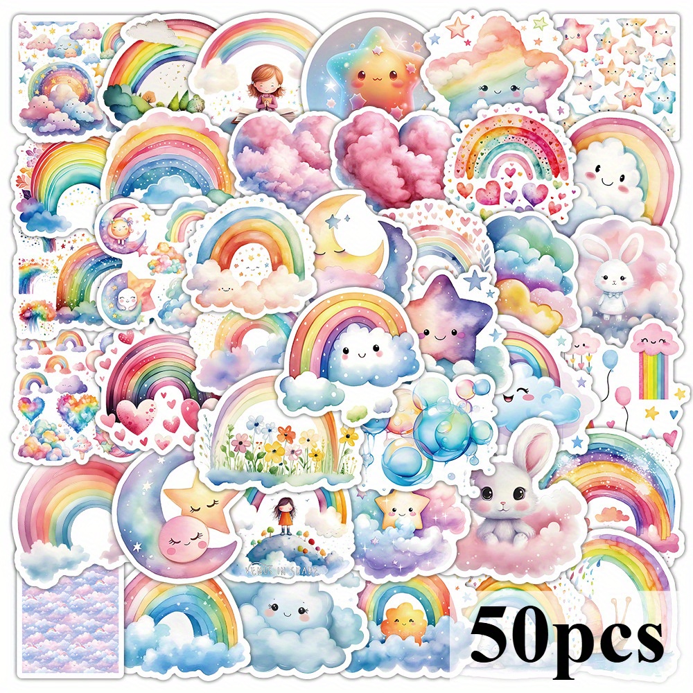 Image of 50pcs Whimsical Fantasy Stickers - Waterproof Diy Decals For Laptops, Helmets, Water Bottles & Notebooks, Vibrant Ink Style With , Clouds, Stars & Adorable Animals, Waterproof Stickers Funny