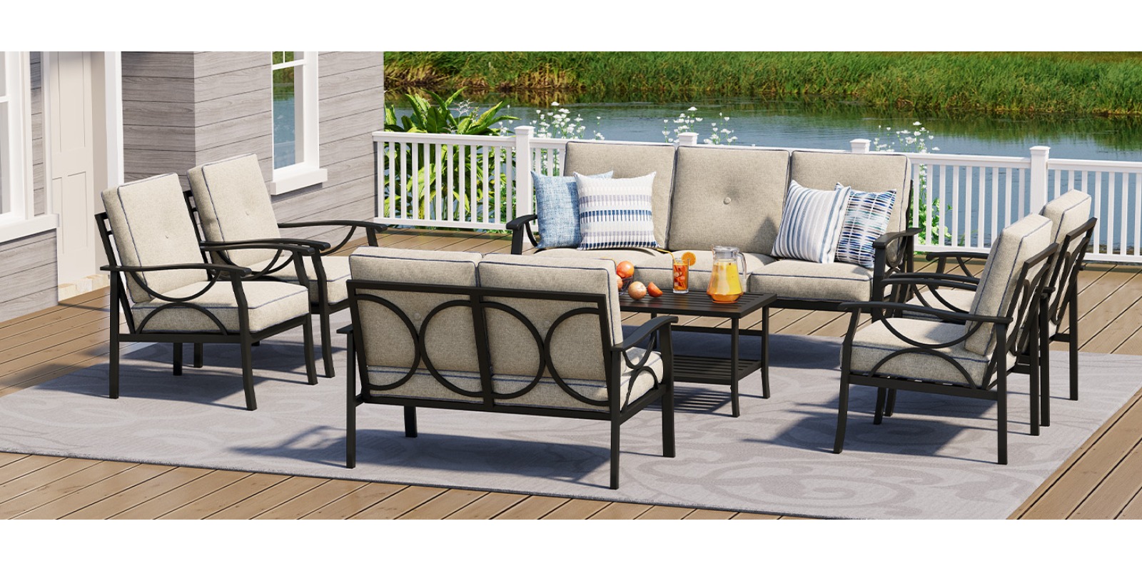 7pcs Outdoor Patio Furniture Set, Outdoor Metal Sectional Furniture with Cushions, Outdoor Conversation Seating Set with Coffee Table for Garden, Balcony, Deck, Backyard, Black