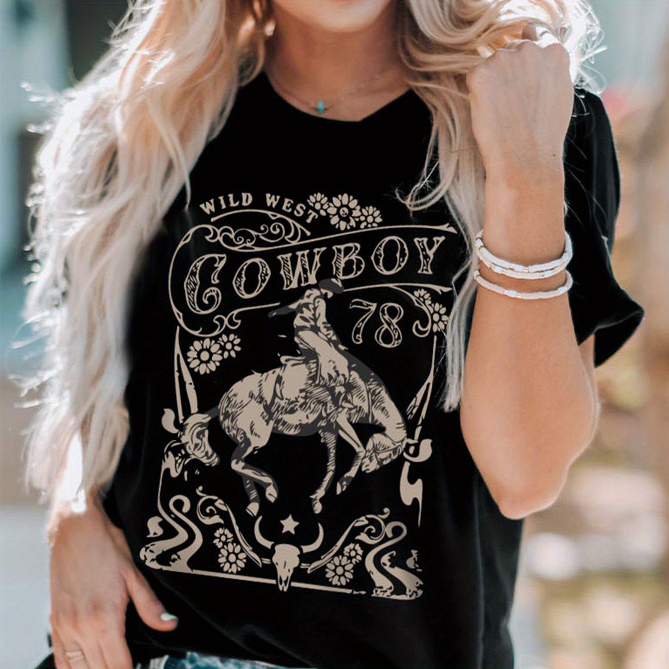 

Women's Casual With "wild West Cowboy" Graphic - Short Sleeve, Round Neck, Loose Fit, Polyester , Machine Washable, Spring Fashion | Wild West Theme | Smooth Texture, Western T Shirts