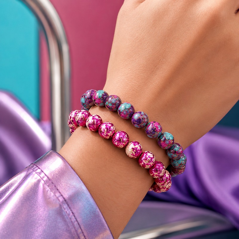 2pc Contrast Elastic Bead Bracelet Set, Purple & Teal