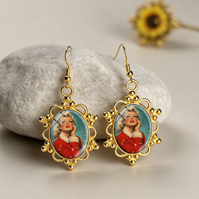 Vintage Golden Frame Oval Hook Dangle Earrings, Unisex Design