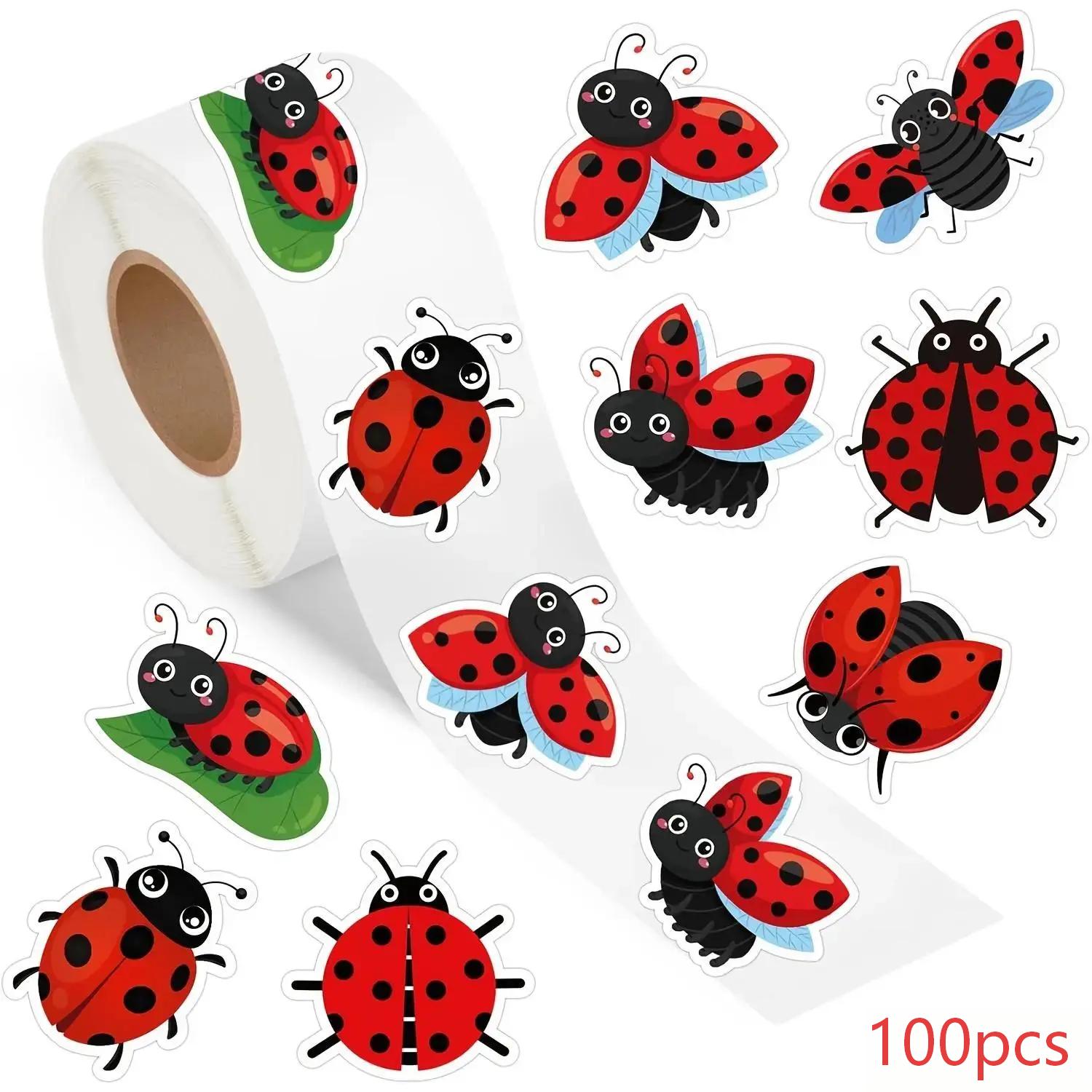 TEMU 100 autocollants/rouleau d'étiquettes autocollantes coccinelle, autocollants de papeterie décoratifs, étiquettes d'emballage cadeau à pour