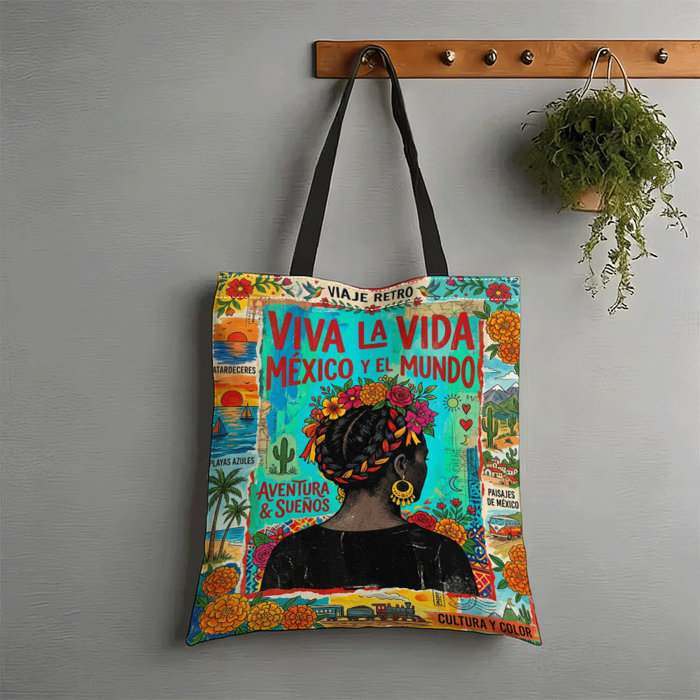 TEMU Mexican Retro Style Journey Fashion Shopping Bag Tote - Vibrant Cultural Art Pattern Reusable Bag, High-quality For Daily And Grocery Shopping,