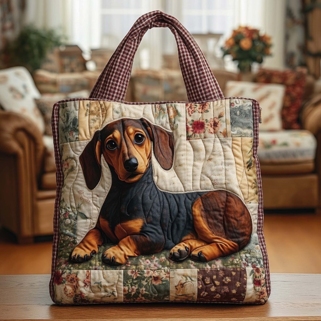 TEMU Vintage Dachshund Quilted Tote Bag, Shoulder Bag, Boho Country Style Tote Bag, Large Capacity Reusable Shopping Bag (women's Style)