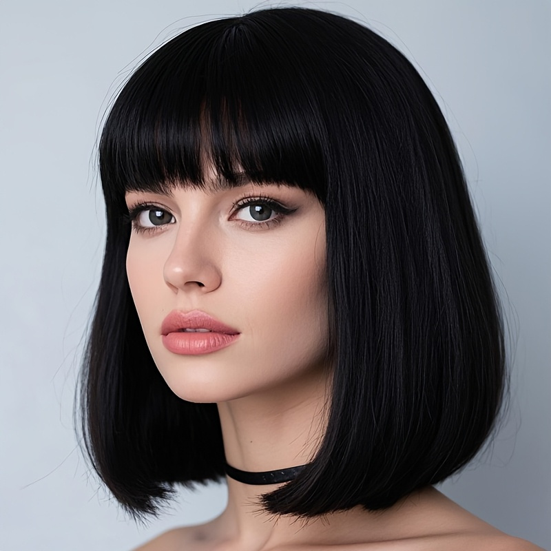 TEMU 12-inch Black Wig With Bangs, Heat- Synthetic Hair, Daily Use And Party Role-playing. Wig- Fashionable European And , Daily Wear Wig Smooth Straight Hair Synthetic Hair Wig, Wig Accessories