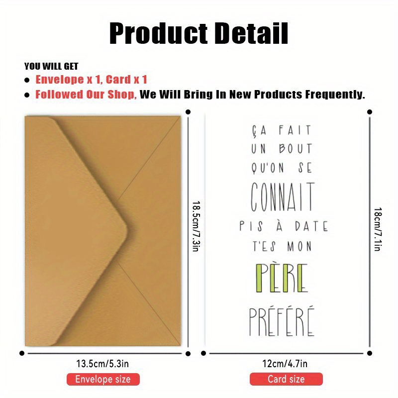 TEMU 1 French Father's Day Card, 1pc, Suitable For Fathers, Family, Gratitude, Birthdays, Holidays, Congratulations, Baptisms, And Use For Father's