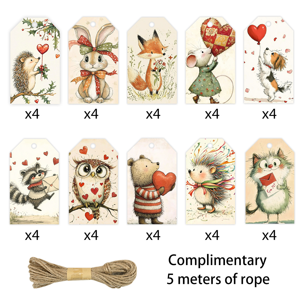 Image of 40pcs Animal Illustration Gift Tags | Mixed Color Paper, Heart Theme With Hedgehog, Rabbit, Fox, Mouse, Dog Designs, Cards, Message Cards, Festive Home Decor, , Party Cards, Includes Twine - Tlenpo