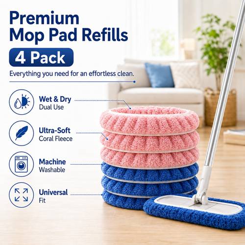 4pcs washable microfiber mop pads dry wet dual use strong absorbent replacement mop cloth with elastic fixing strap compatible with 10 inch flat mops hardwood tile floor cleaning and care supplies