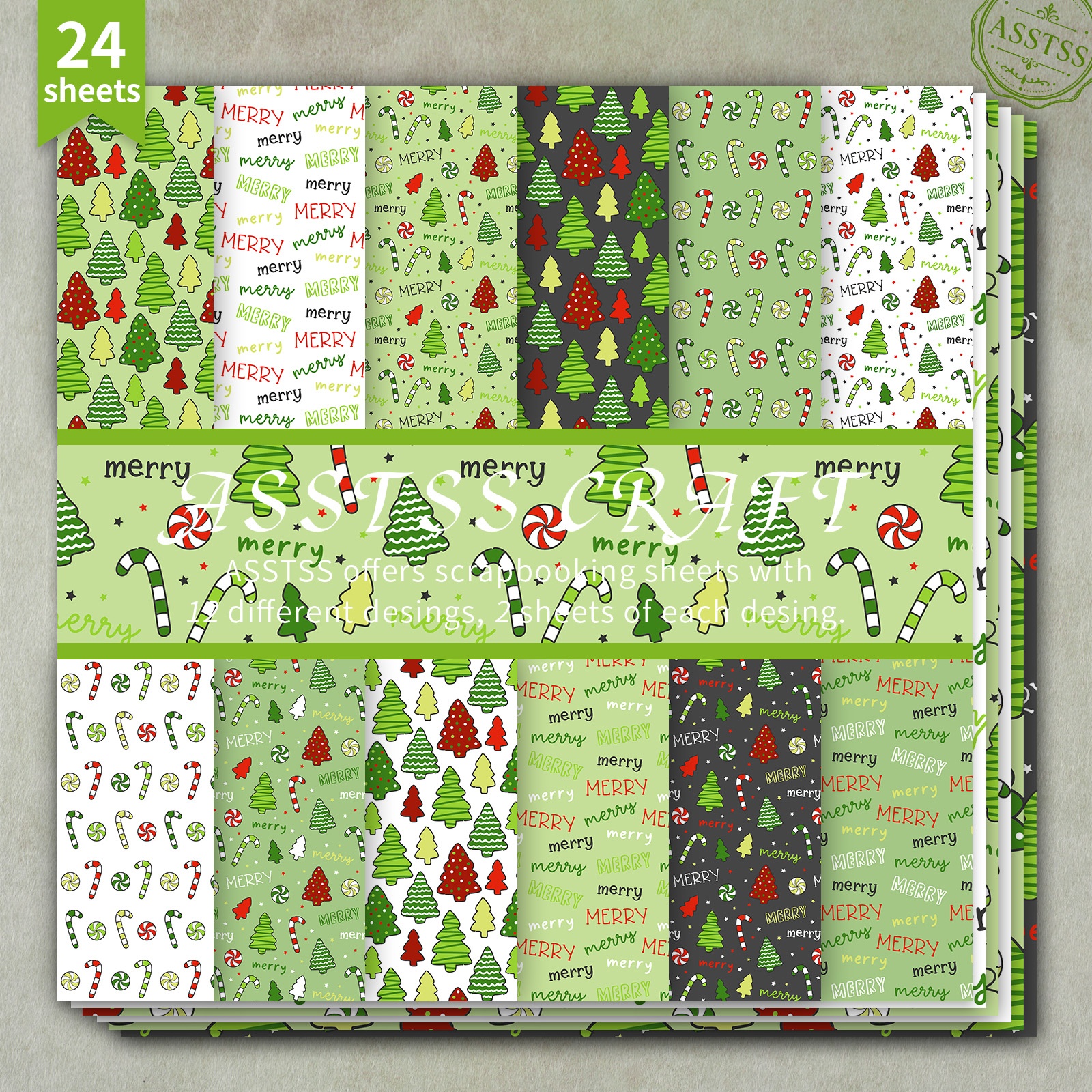 TEMU 24-sheet Asstss 6*6inch Scrapbooking Paper Pad,christmas Green- Tree Candy Cane Style Backing Paper Supplies, Heavyweight Cardstock For