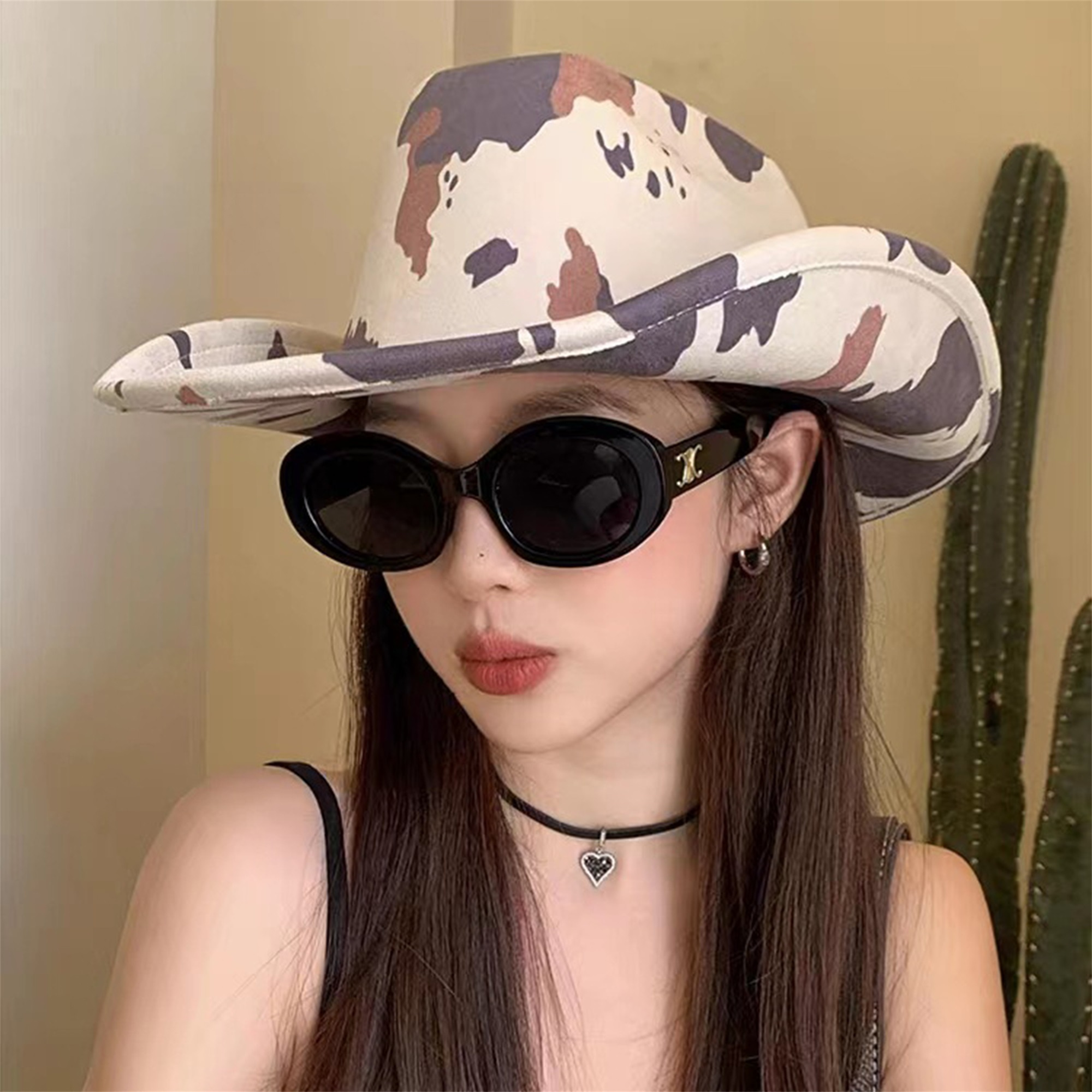 Cow Print Cowboy Hat Adjustable Straw Western Hat for Women FLUFFY SENSE. Cow Print Cowboy Hat for Women Funny Cowgirl  main image 3