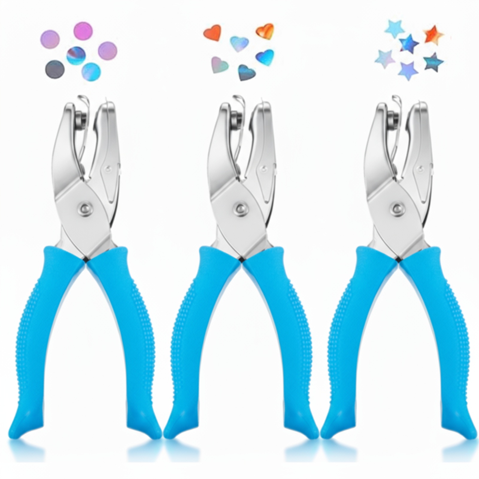 TEMU 3pcs Hole Punch Shapes | Single Hole Paper For Crafts, Handheld With Grip, 1/4" 3/16" Round Star Heart Holes For Tags, Ticket, | Blue