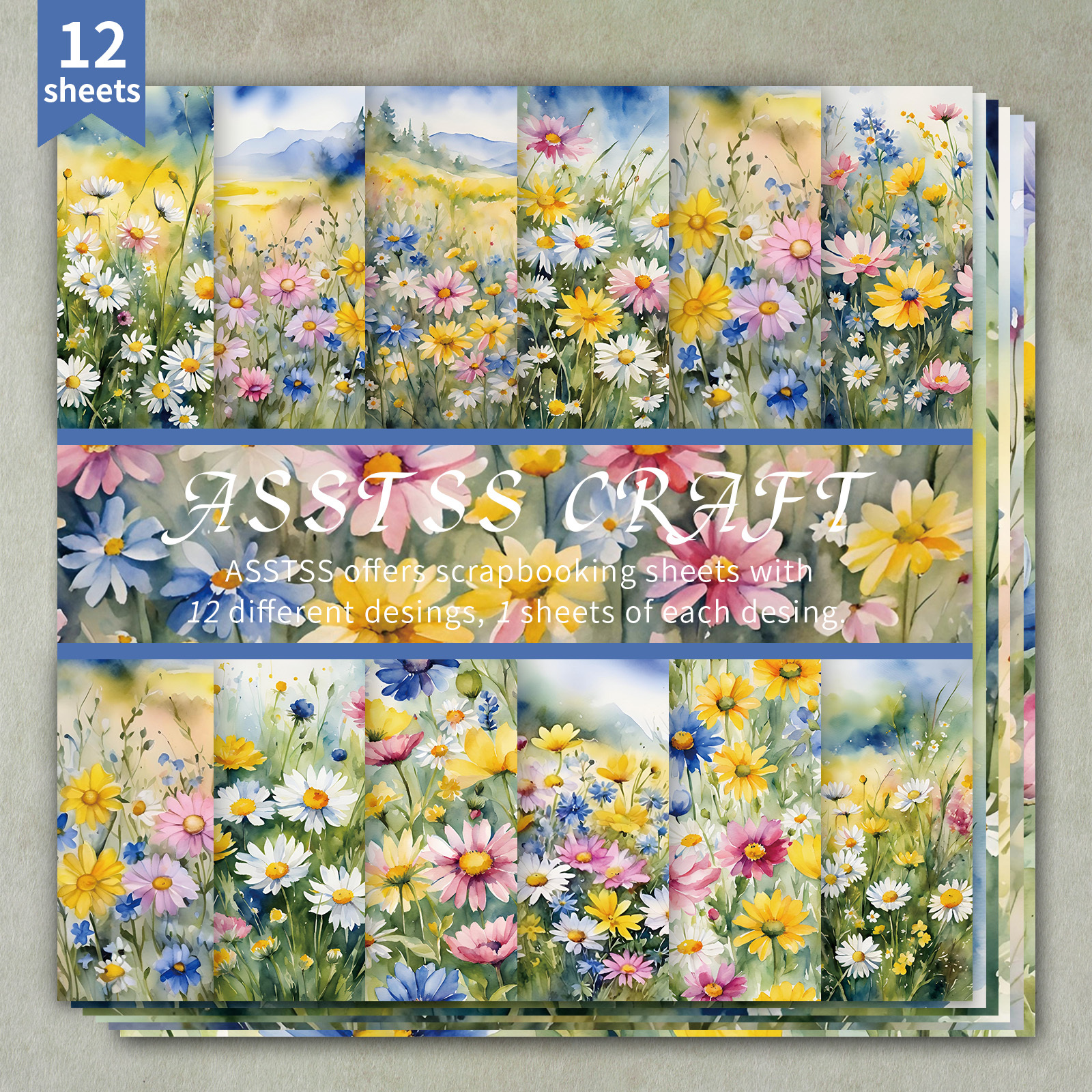 TEMU Bloc de papier de scrapbooking ASSTSS 12 feuilles, papier de support aquarelle à motif de fleurs , papier cartonné épais pour journal, art de