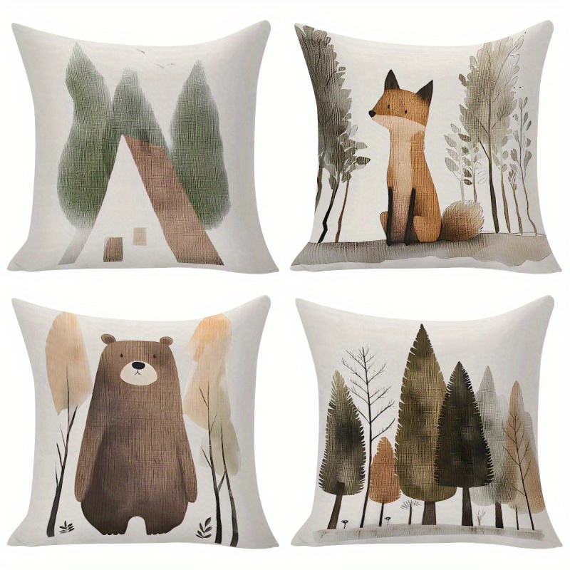 TEMU 4 Pezzi Set Federe Tema Foresta, Copricuscini con Elementi di Casetta, Volpe, Orso e Foresta, Copricuscini per , Chiusura con Cerniera, Stampa
