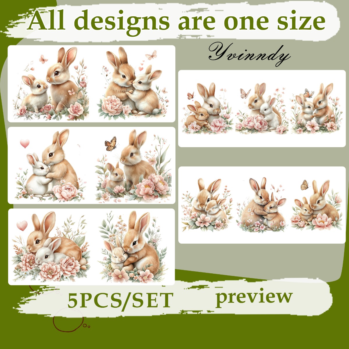 TEMU 5pcs/setflower Rabbit Uv Dtf Diy 16oz Transfer For Diy Cups, Computer Etc. (only The Transfer Is Included, Items Are Provided)