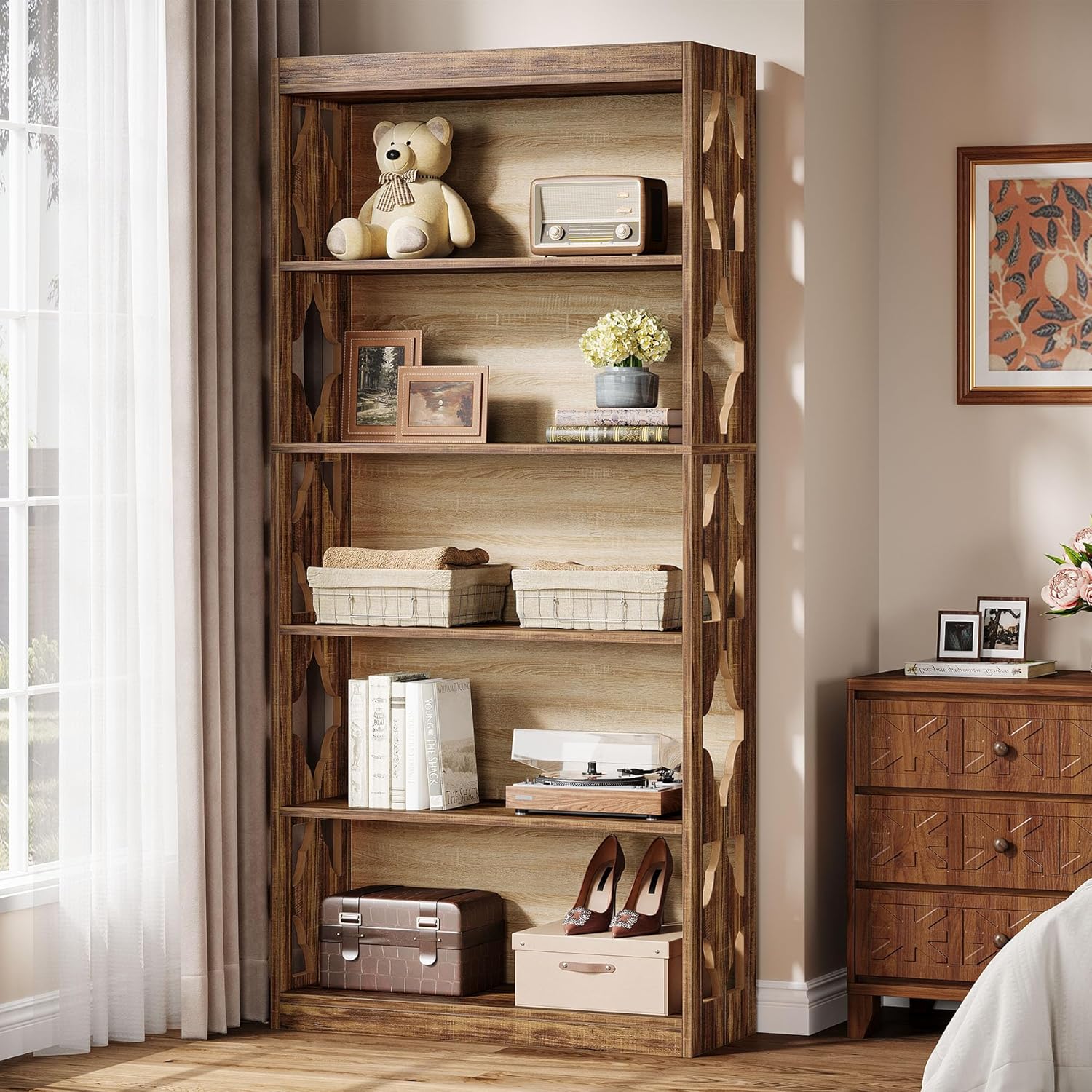 6-tier Tall Farmhouse Bookshelf - Large Vertical Wood & Metal Bookcase With Deep Walnut Freestanding Storage Shelf, Heavy-duty Base For Living Room, Bedroom, Office - Easy (suitable For, Display)