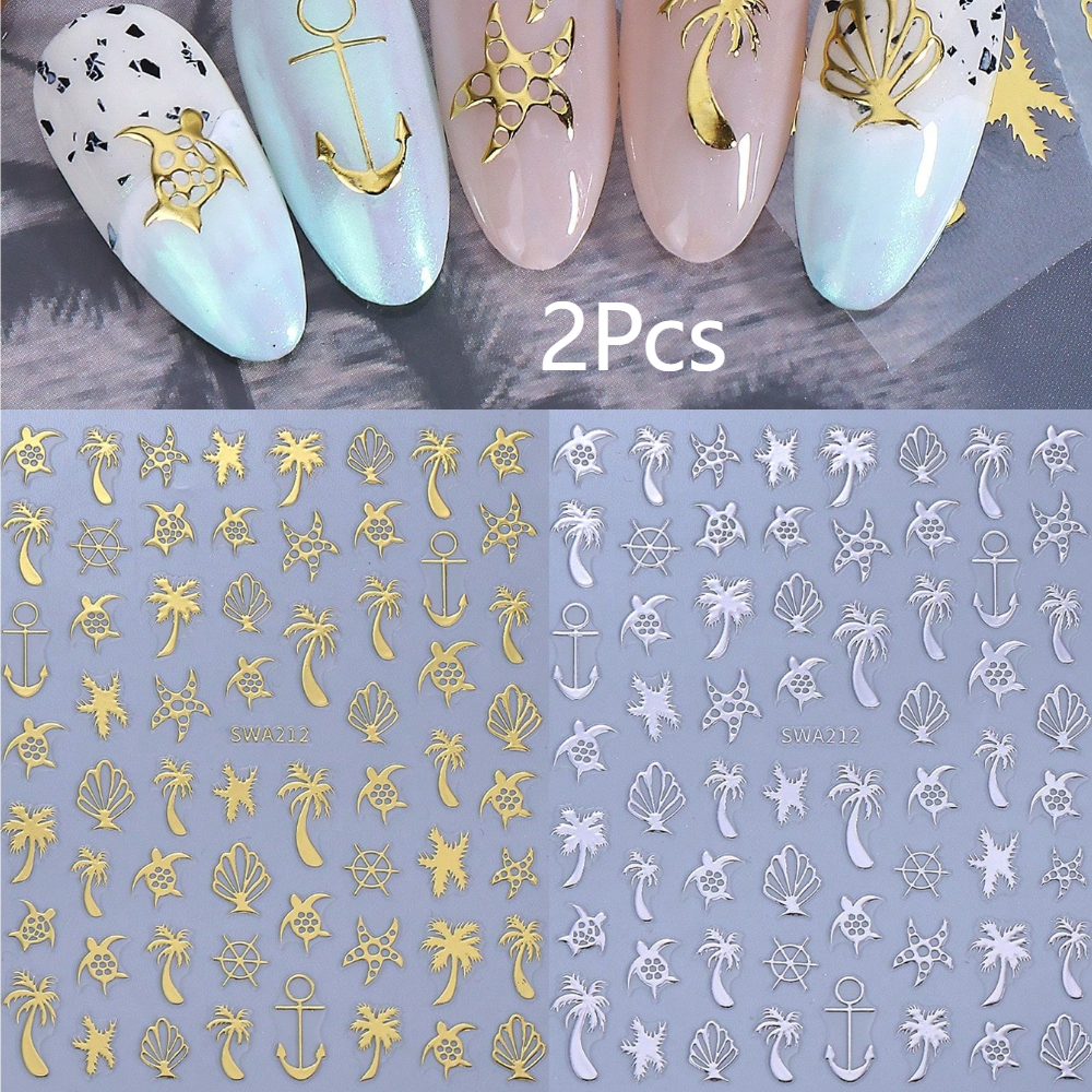 2 Sheets 3d Ocean Metallic Nail Art Stickers Self-adhesive Golden & Silvery Palm Tree Turtle Shell Anchor Decals Summer Beach Theme Manicure Decor For Women Diy Nail Art Supplies