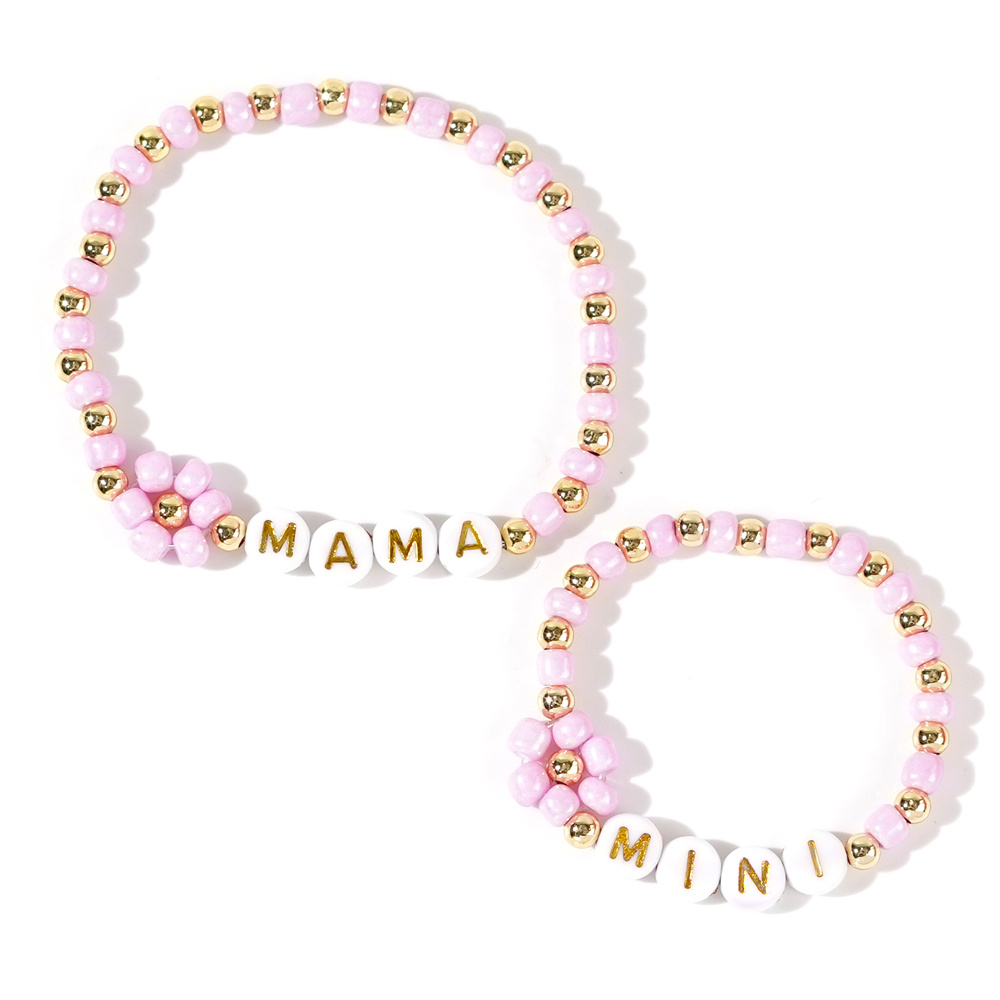 2pcs Women's Bracelet Pink Square Beads With Golden Round Beads Mama Mini Letter Flower Parent- Bracelet Set Sweet Stackable Daily Casual Mother's Day Birthday Gift